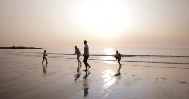 Zeitlupenaufnahme Von Kindern Die Von Ihren Eltern Strand Verfolgt Werden — Stockvideo