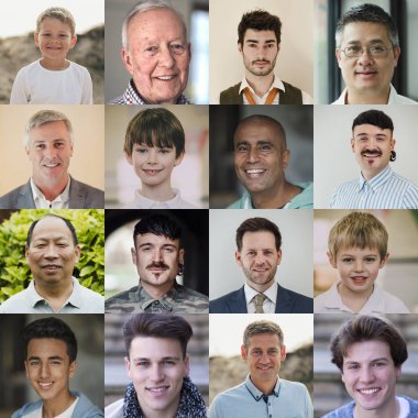 erkek çocuklar, gençler, yetişkinler ve yaşlılar da dahil olmak üzere çeşitli bir yelpazede Headshots oluşan 4 x 4 kolaj. 