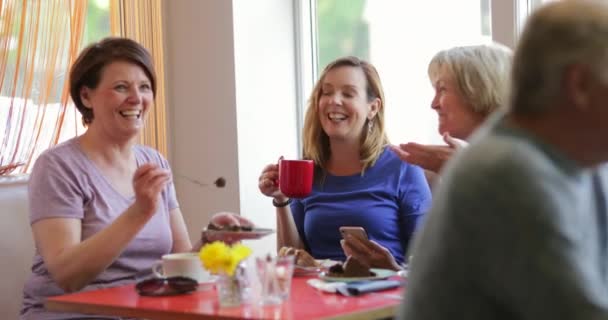 Grupo Amigas Maduras Sentadas Riendo Café Mientras Una Alimenta Otro — Vídeo de stock