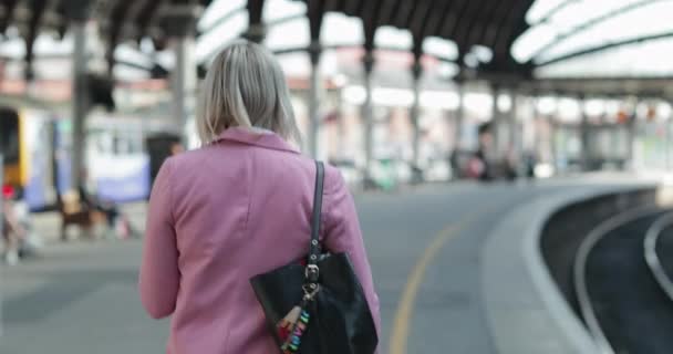 ビジネスマンが密接に後ろに続く鉄道駅のプラットフォームを歩いているビジネスマン 女性は携帯電話の反対側の誰かにヘッドフォンを通して話しています 彼女は最終的に彼女の列車を待つためにプラットフォーム上で停止します — ストック動画
