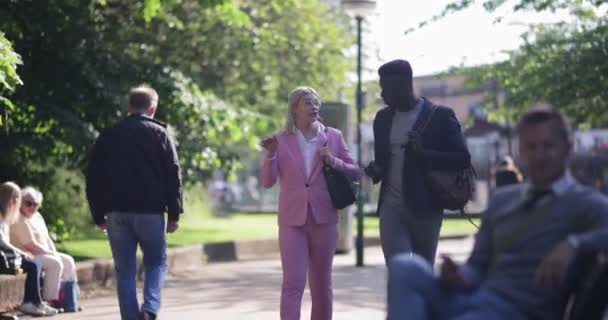 Una Mujer Negocios Hombre Negocios Caminando Través Parque Público Camino — Vídeo de stock