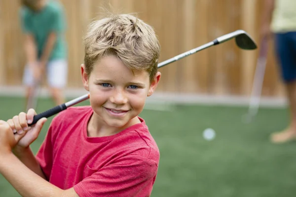 Front View Shot Young Boy Golfer Smiling Looking Camera Holding — Stock Photo, Image