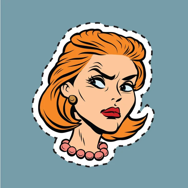 Rapariga irritada rosto etiqueta etiqueta Emoji — Vetor de Stock
