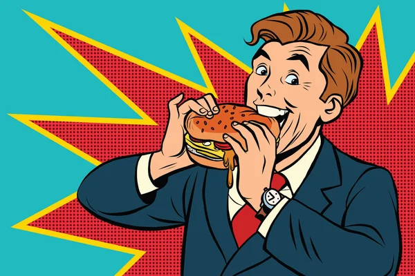 Pop-art ember eszik egy hamburgert — Stock Vector