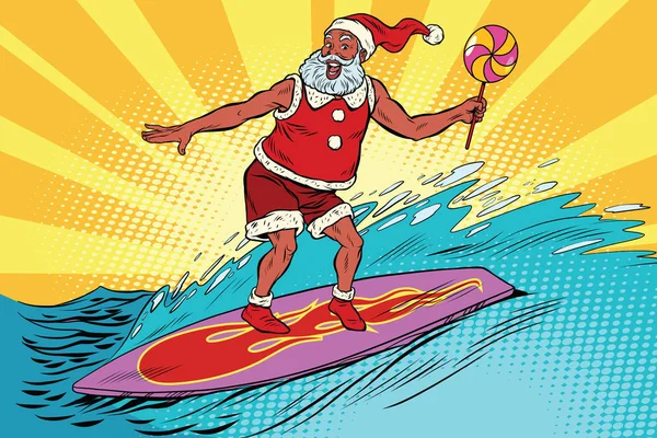 Spor Noel Baba bir sörf tahtası üzerinde — Stok Vektör