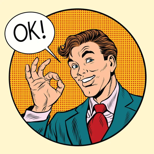 Homme d'affaires joyeux OK geste, cadre circulaire — Image vectorielle
