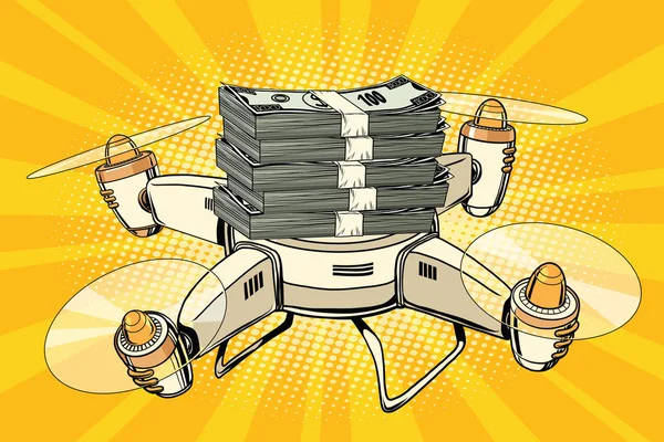 Drone copter met bundels van geld — Stockvector