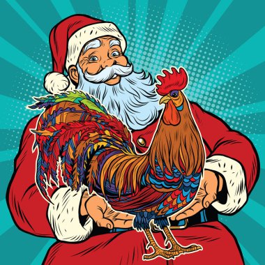 Noel Baba elinde horoz tutar.