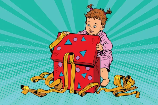 Popart meisje opent de doos van de gift — Stockvector