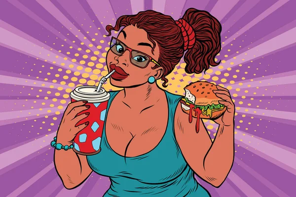 Wanita muda minum Cola dan makan Burger - Stok Vektor