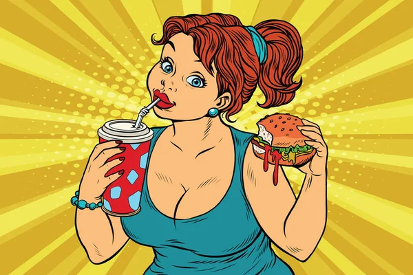 年轻女人喝可乐，吃汉堡包 — 图库矢量图片