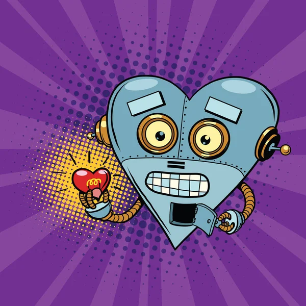 Robot retro y el corazón bombilla de San Valentín — Vector de stock