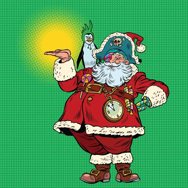 Santa Claus pirata i Pingwin prezentacji gest — Wektor stockowy