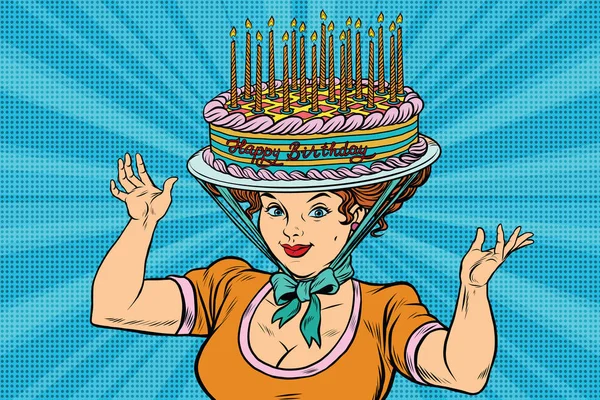 Feliz aniversário, mulher retrô e o bolo de chapéu — Vetor de Stock