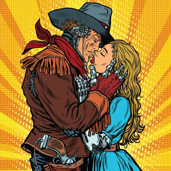 Steampunk robotar. Cowboy kisses flickan — Stock vektor