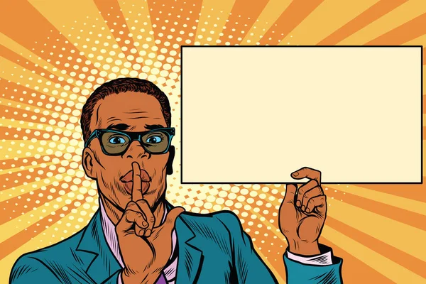 Afrikai üzletember kér a csend, óriásplakát plakát — Stock Vector