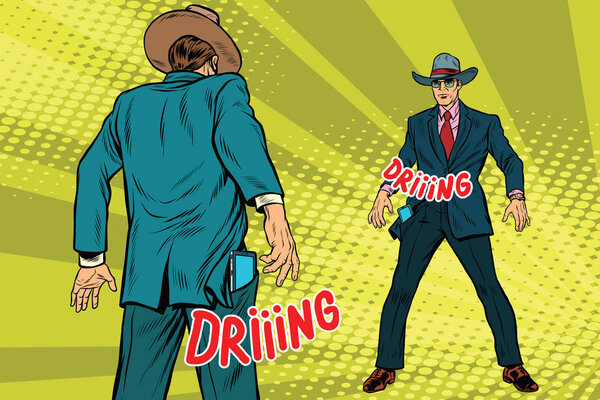 Дуэль бизнесменов на смартфонах в стиле вестернов
