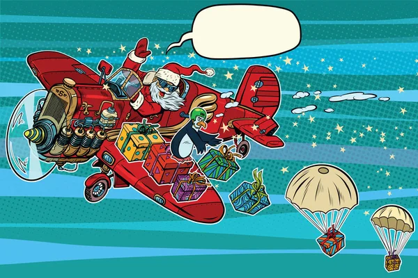 Weihnachtsmann auf Oldtimer-Flugzeugen warf Weihnachtsgeschenke ab — Stockvektor