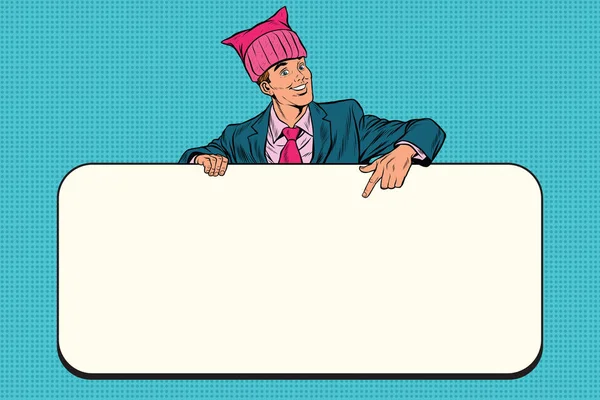 Retro businessman in a pussy hat indicates information Billboard — Stock Vector