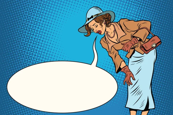 Mooie retro vrouw braken beoordeling komische zeepbel — Stockvector