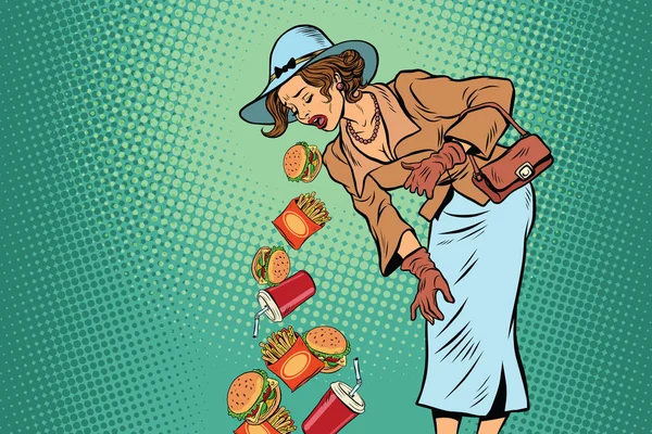 Hermosa mujer retro vomitando comida rápida — Vector de stock