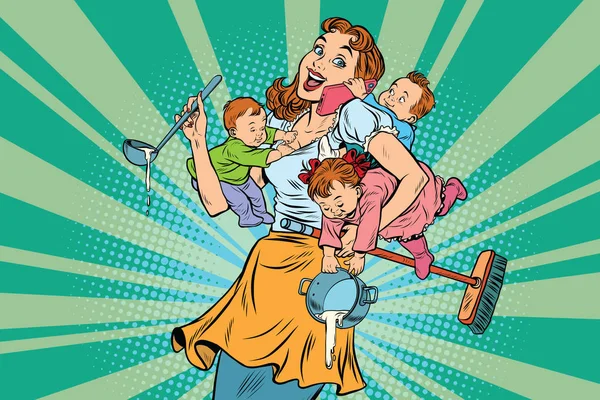 Alegre madre con tres hijos — Vector de stock