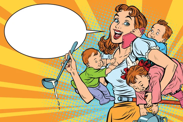 Cheerful mother with three children working Stock Illustration