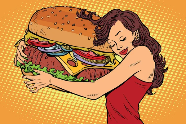 Hermosa mujer joven abrazando hamburguesa — Vector de stock