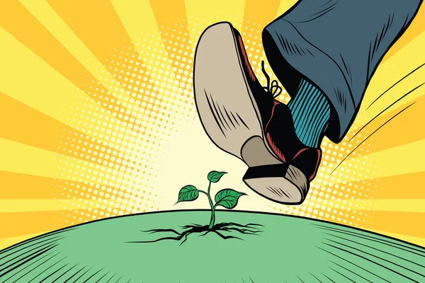 Den mänskliga foten kommer till gröna sprout, ekologi och natur — Stock vektor