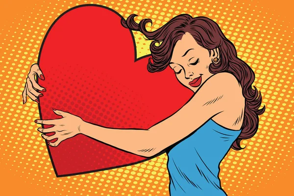 Schöne junge Frau umarmt Valentinsherz — Stockvektor