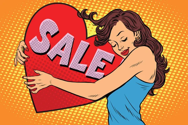 Krásná mladá žena objímala prodej Valentine srdce — Stockový vektor