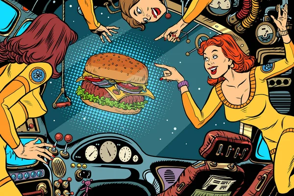 Mulheres astronautas na cabine de uma nave espacial e Burger — Vetor de Stock