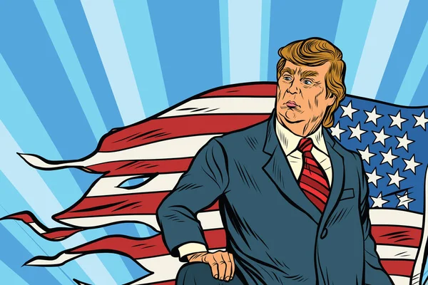 Presidente Donald briscola con bandiera USA, campo di battaglia — Vettoriale Stock