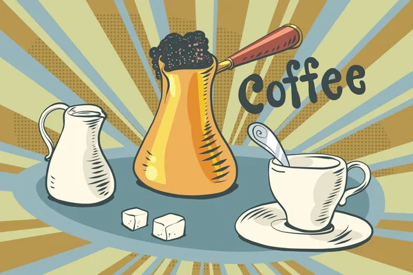 Café caliente con leche, azúcar y una taza — Archivo Imágenes Vectoriales