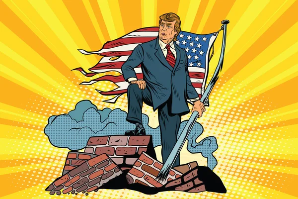 El presidente Donald triunfa con la bandera de Estados Unidos, en las ruinas Ilustración De Stock