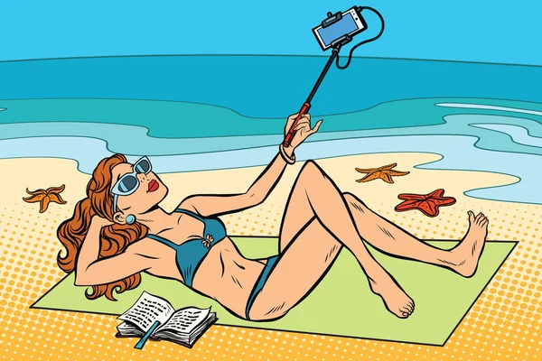 Mooie jonge vrouw op het strand doen een selfie — Stockvector