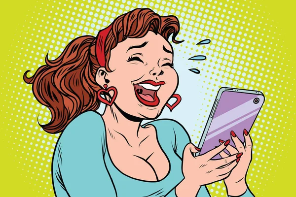 Komik kız bir smartphone okuma gözyaşları gülüyor