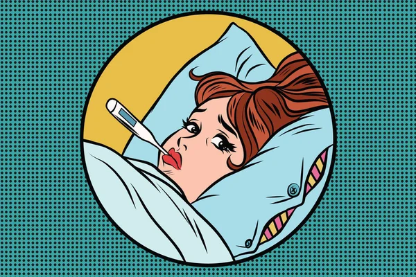 Mujer joven enferma acostada en la cama con termómetro — Vector de stock