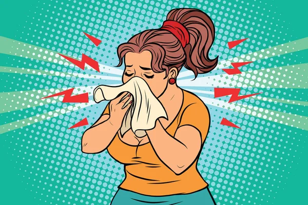 The woman is sick, runny nose and handkerchief — Stock Vector