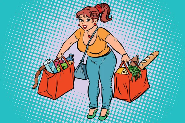 Bakkal alışveriş ile genç kadın — Stok Vektör