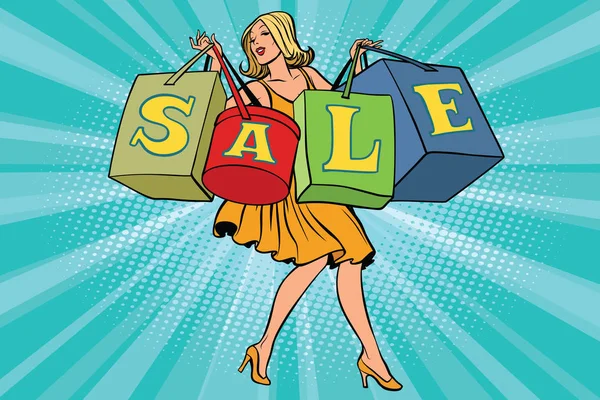 Mujer rubia con bolsas de compras venta — Vector de stock