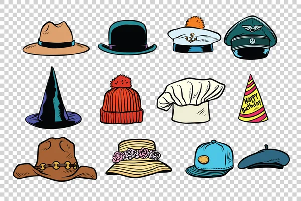 Colección de sombreros sobre fondo aislado — Vector de stock