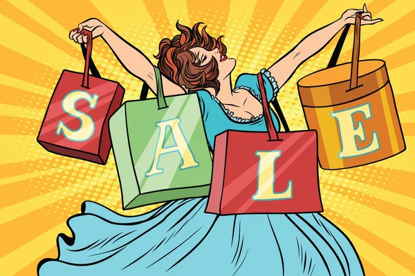 Γυναίκα με πώληση σακούλες ψώνια — Διανυσματικό Αρχείο