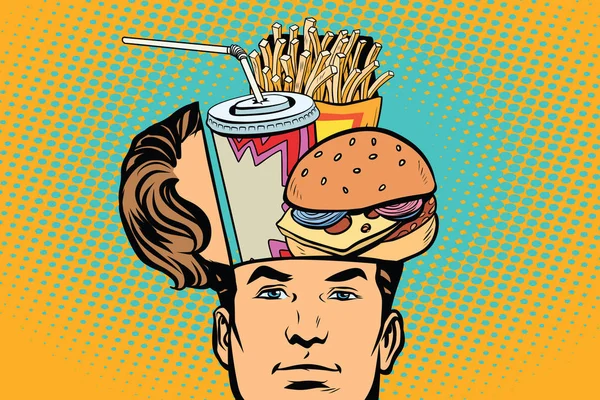 Man with an open head fast food — Stock Vector