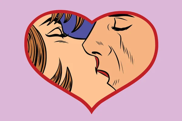 Erkek ve kadın öpüşme, aşk kalp — Stok Vektör