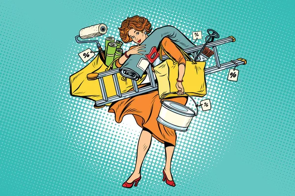 Femme avec des outils de réparation shopping — Image vectorielle