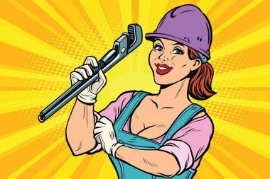 İnşaat işçisi ile ayarlanabilir anahtarı. Kadın profesyonel