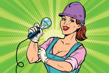 Ampul ile inşaat işçisi. Kadın profesyonel