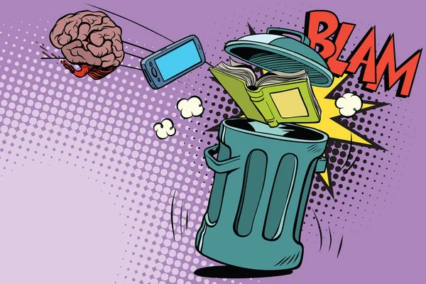 Elektronika mózgu i książki wyrzucane do śmieci — Wektor stockowy