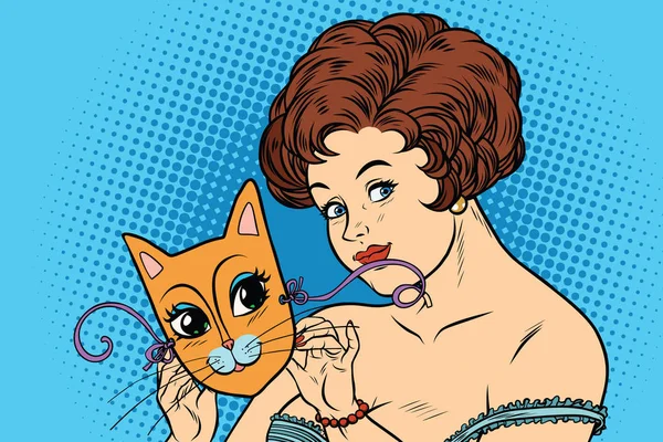 Hermosa dama con máscara gatos — Vector de stock